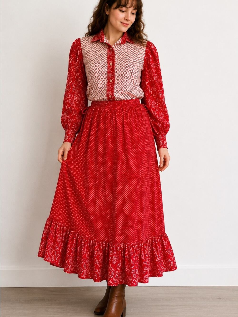 Vintage Handmade Red Prairie Cottagecore Maxi Skirt Blouse Matching Set Size S